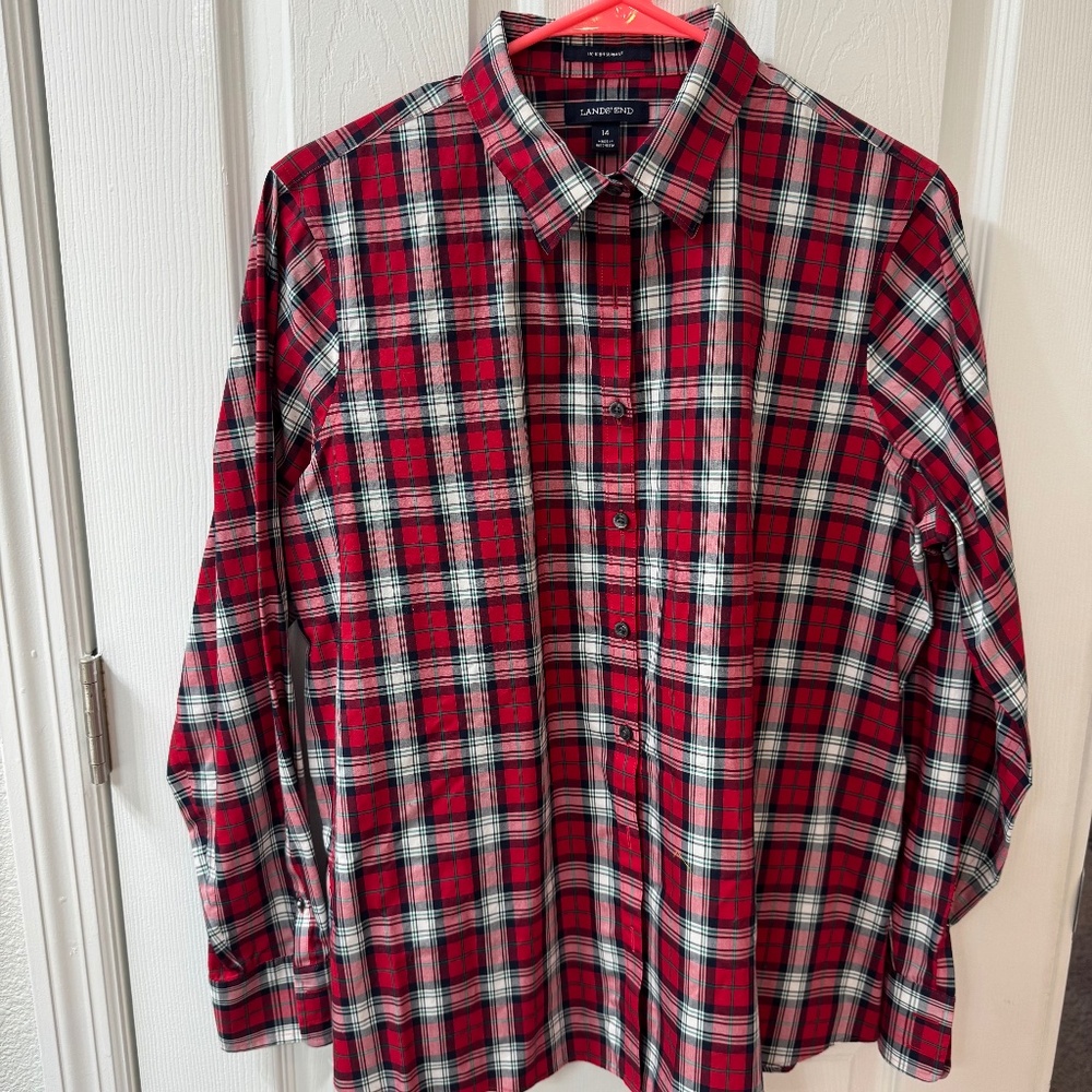 Lands’ End No Iron Supima Plaid Shirt – Size 14 – Red/Black/White